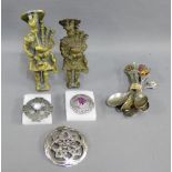 Mixed lot to include two brass Piper door knockers, seven Scottish theme silver plated teaspoons and