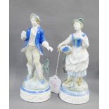 Pair of Dresden porcelain male and female figures on circular moulded bases, 20cm high, (2)