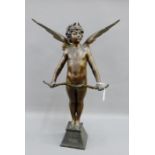 After Moreau bronze 'Vici' Cherub on a hardstone plinth base, 59cm high