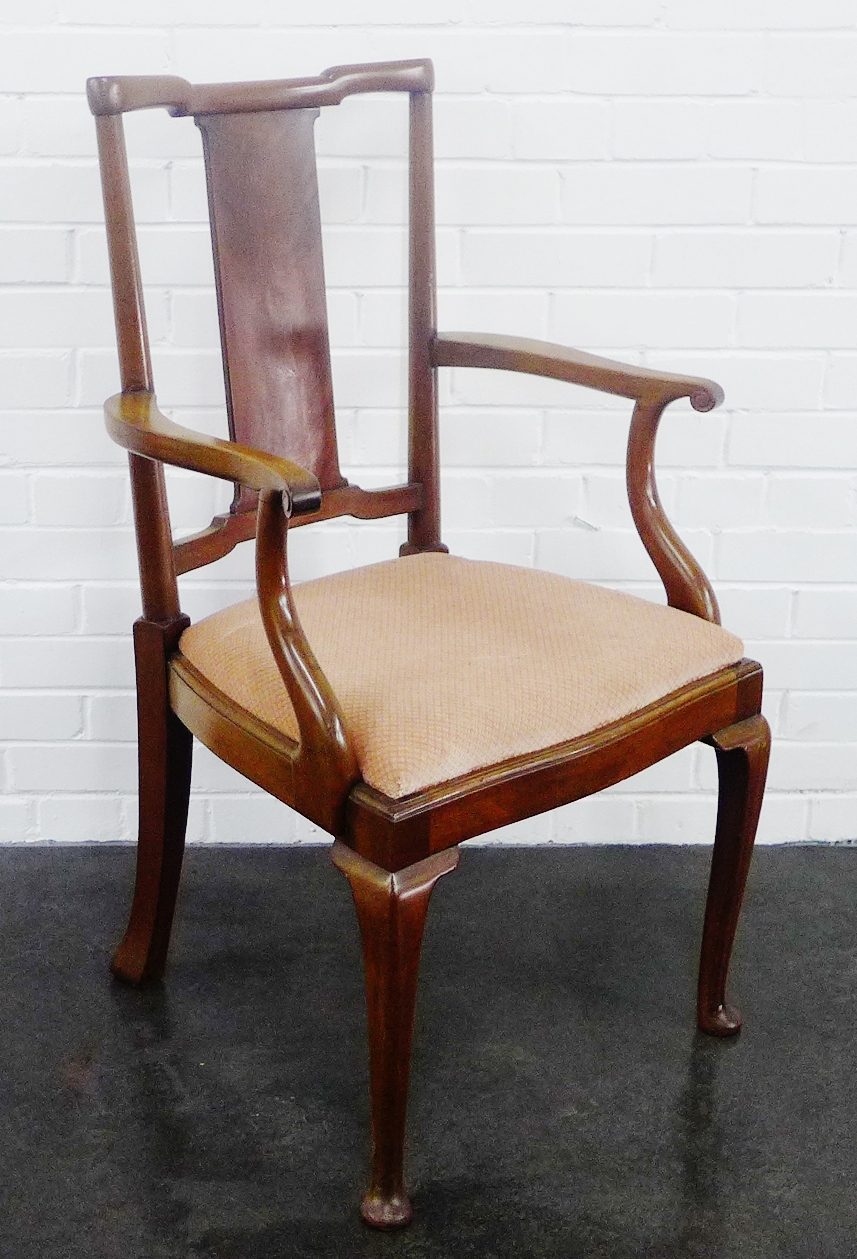 Mahogany open armchair with shaped toprail and solid splat back, upholstered slip in seat and