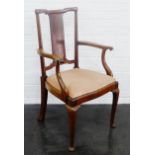 Mahogany open armchair with shaped toprail and solid splat back, upholstered slip in seat and