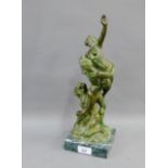 Bronze verdi gris patinated sculpture of three figures on a square hardstone base, 37cm high overall