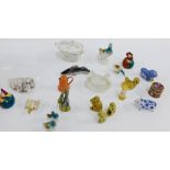 A quantity of porcelain and soapstone miniatures to include a tureen, hen on nest, monkey,etc (a