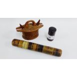 Lignum vitae box by Mordan & Co, carved wood Scandinavian box and cover and a treen needle case, (3)