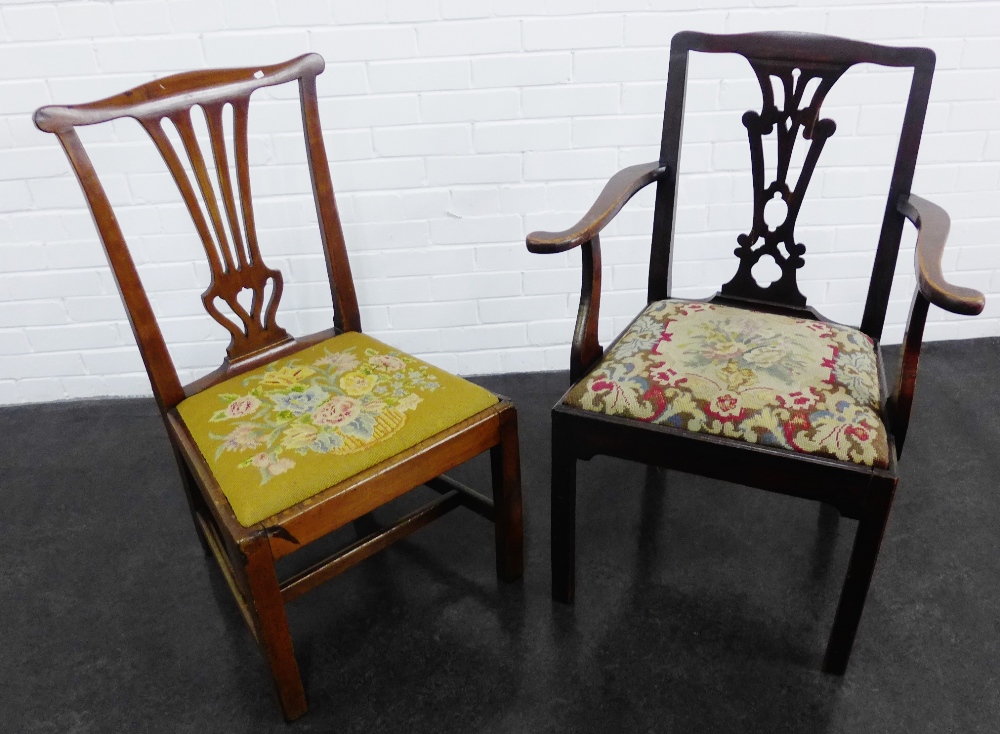 19th century mahogany open armchair, together with a mahogany side chair with upholstered tapestry