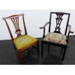 19th century mahogany open armchair, together with a mahogany side chair with upholstered tapestry