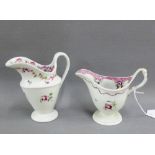 Two English 18th century helmet shaped creamers with floral patterns, tallest 11cm, (2)