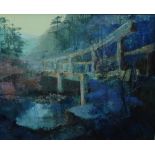 Hans Hedley 'The Bridge' Abstract Oil-on-Board, signed and entitled verso, framed, 75 x 60cm