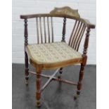 Early 20th century mahogany and inlaid corner chair, on ceramic castors, 74 x 62cm