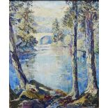 Oughtred Buchanan 'Riverside Landscape with Bridge' Oil-on-Canvas, signed and dated 1942, in a