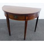 Mahogany and inlaid demi lune table with a single frieze drawer, on square tapering legs, 66 x 93cm
