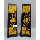 Pair of wooden triangular vases with stylised Art Nouveau floral pattern, 32cm high, (2)