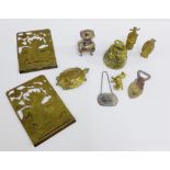 Mixed lot of Chinese and other brass to include a bell, plaques and figures, etc (a lot)