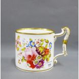 English porcelain mug with floral spray pattern and gilt rims, 13cm high