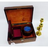 19th century rosewood box, pair of brass candlesticks, leather and brass bound jewellery box and