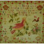 19th century needlework sampler with verse, birds, flowers and other animals etc., in a glazed