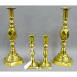 Pair of brass Diamond Princess knop stemmed candlesticks together with a smaller pair of