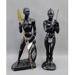 Pair of black glazed pottery African figures, 38cm high, (2)