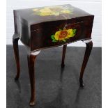 Serpentine sewing box / table, with floral painted pattern and on cabriole legs, 70 x 46cm