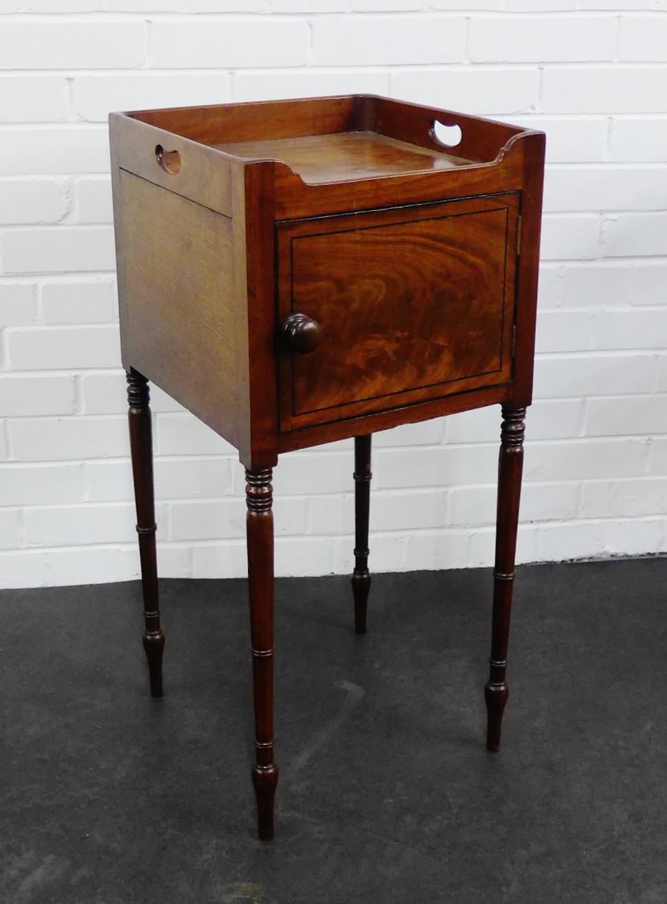 19th century mahogany pot cupboard / bedside, on ring turned supports, 82 x 38cm