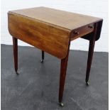 Mahogany Pembroke table with a single frieze drawer, square tapering supports and brass caps and