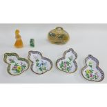 Mixed lot to include a large inside painted glass bottle and four kidney shaped enamel dishes and