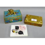 Japanese Cloisonne box and cover, the lid surmounted by a Temple Lion, together with a rectangular
