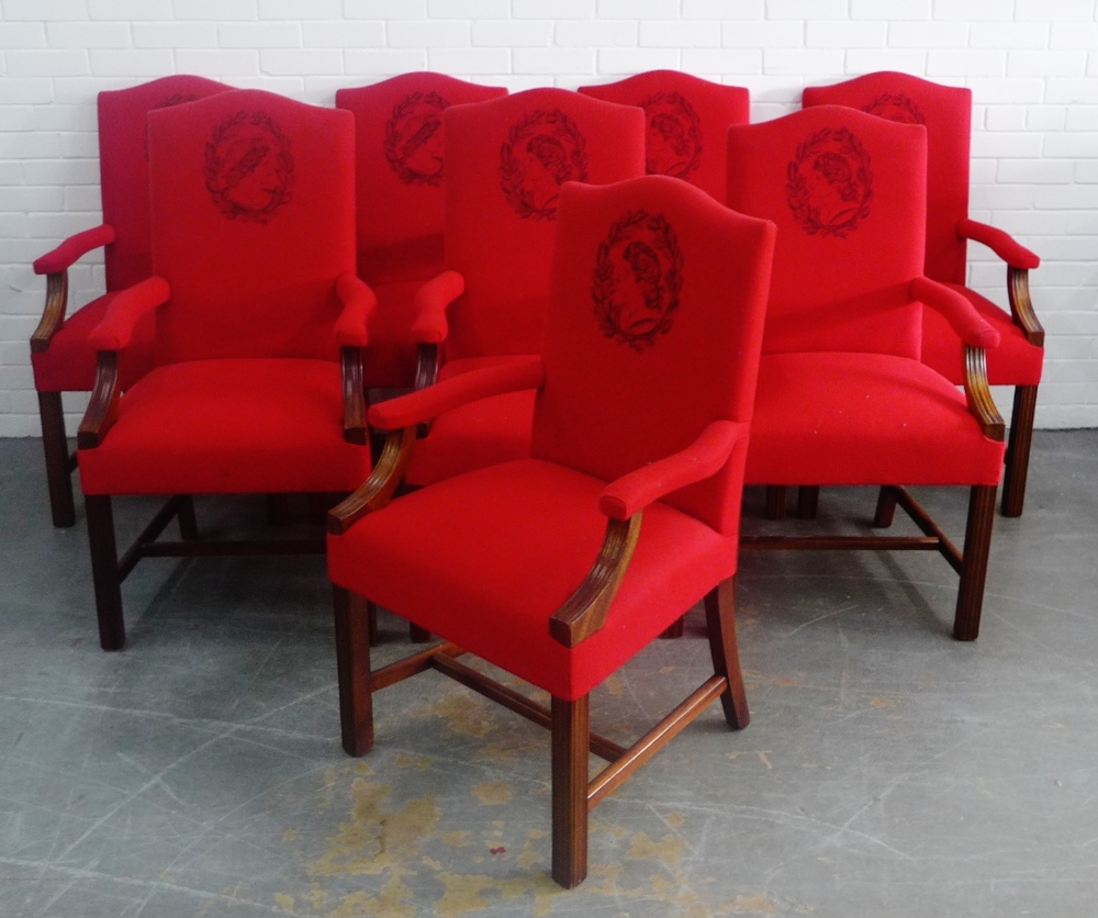 Set of eight red wool mix upholstered open armchairs, with laurel leaf and head and shoulder printed