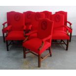 Set of eight red wool mix upholstered open armchairs, with laurel leaf and head and shoulder printed