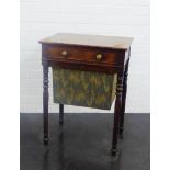 19th century mahogany work table, with single frieze drawer over fabric work bag, on turned legs, 72