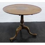 Mahogany tilt top table with circular dished top on baluster column and tripod legs, terminating