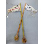 Two vintage wooden painted Hobby Horse, one with red harness, one with blue, 120cm long, (2)