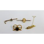 A group of four yellow metal brooches to include a Cameo, spider and seed pearl examples, (4)