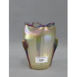 Austrian iridescent glass vase with crimpled rim, 15cm high