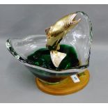 The Dayton Trophy, a Fishing Trophy with Murano glass bowl and brass fish on a plinth base, 25cm