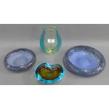 Murano coloured art glass to include a glass, a bowl and two Strathearn Scottish pottery bowls, (4)