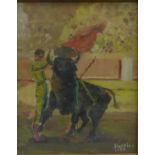 Sicerido 'Bull Fight' Oil-on-Board, signed and dated 1954, in a glazed frame, 19 x 24cm