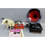 Reproduction gramophone together with a resin figure, box, wall plaque and spare horn, (5)