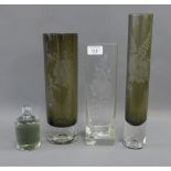 Three floral etched glass vases and a smoked glass paperweight, tallest 35cm, (4)