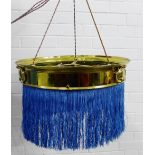 Early 20th century brass rise and fall light with blue fringes, the brass stamped B & L, complete