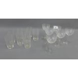 Set of six etched glasses, together with eight small beakers, 13cm high, (14)