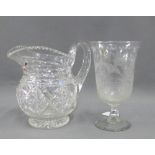19th century glass water jug and an etched glass celery vase, tallest 20cm, (2)