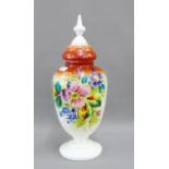 Opaque glass jar and cover painted with flowers, 50cm high