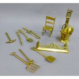Collection of brass miniature items to include a longcase clock, chair, etc., (a lot)