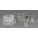 Two 19th century cut glass water jugs, an Epns mounted decanter and three glass bowls, (6)