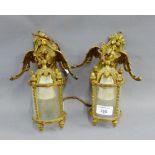 Pair of gilt metal wall lights with glass shades, 20cm long approx, (2)
