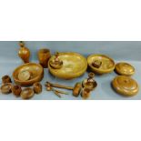 Carton containing a collection of wooden ware to include table lamp, bowls, vase etc., (a large lot)