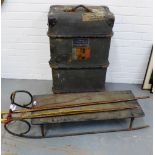 Vintage sledge, a cabin trunk and Shepherds crooks etc., (5)