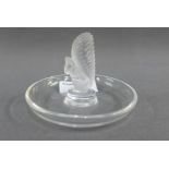 Lalique glass pin tray with opaque Squirrel, with an etched Lalique mark to base, 10cm diameter