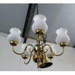 Brass five branch ceiling light with glass shades, 44cm, (2)